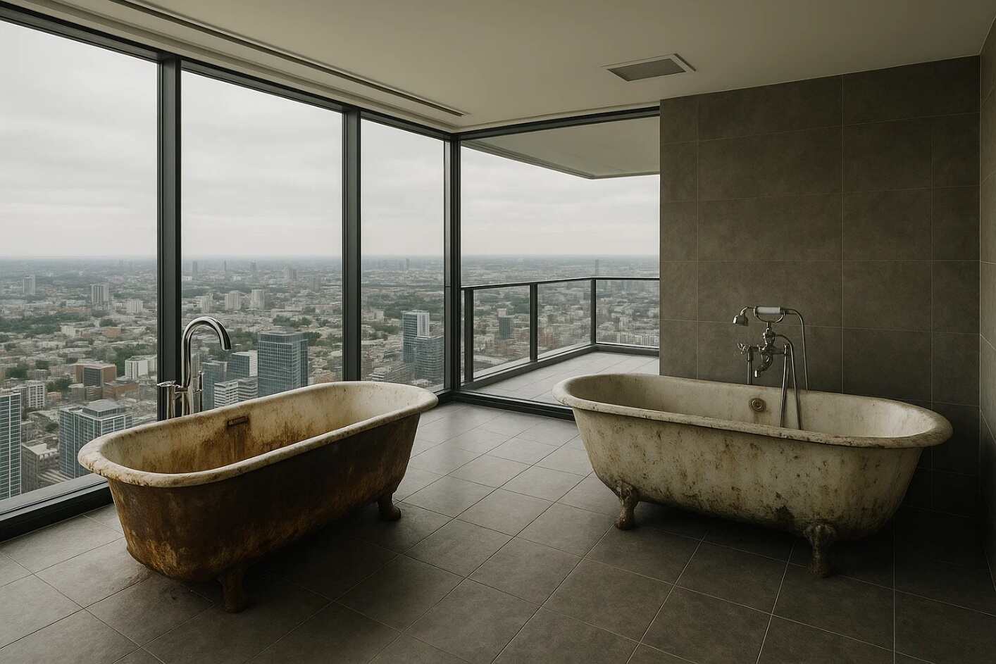 Two vintage-style, rusted bathtubs in a high-rise bathroom with a city view.