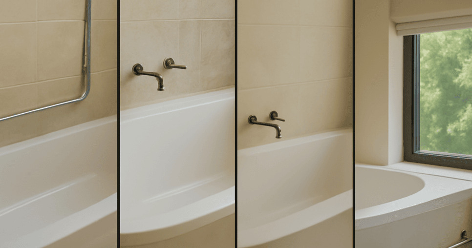 Simple white bathtubs with grab bars, featuring various shapes and a window view, offering comfort.