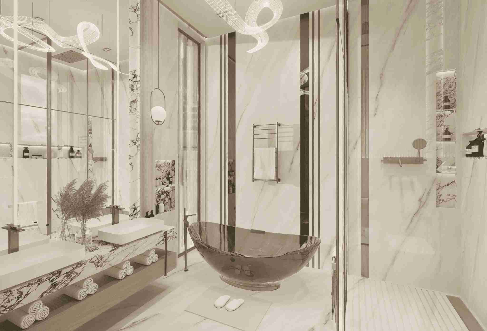 A sleek, modern black freestanding acrylic bathtub set in a luxurious marble bathroom.