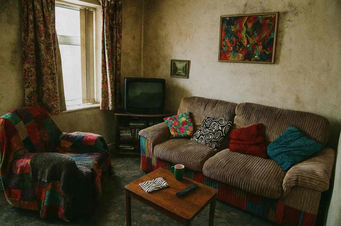 A cluttered living room with mismatched patterns, bright colors, and vintage furniture, creating visual chaos.