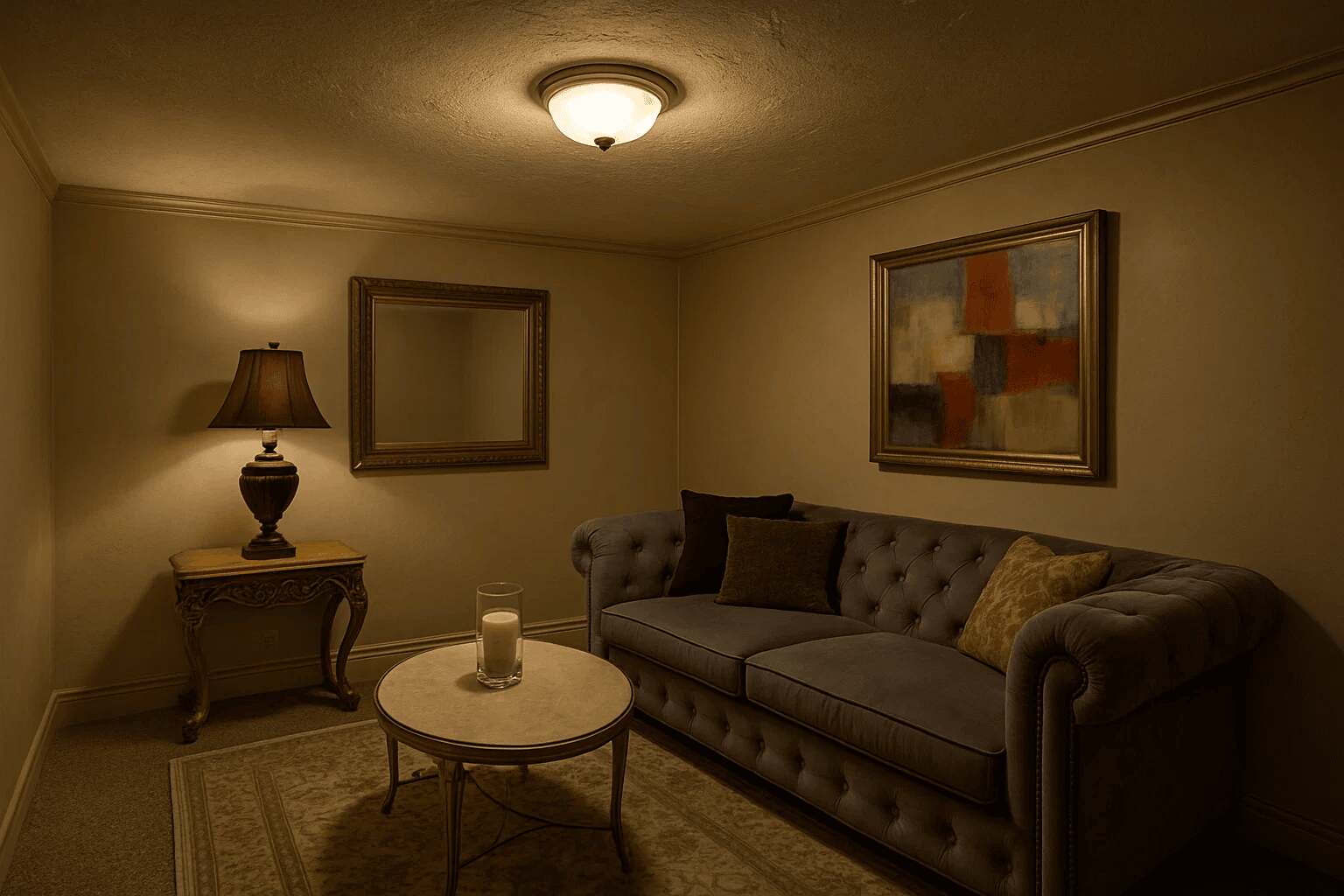 A dimly lit living room with vintage decor, featuring a tufted sofa and framed art.
