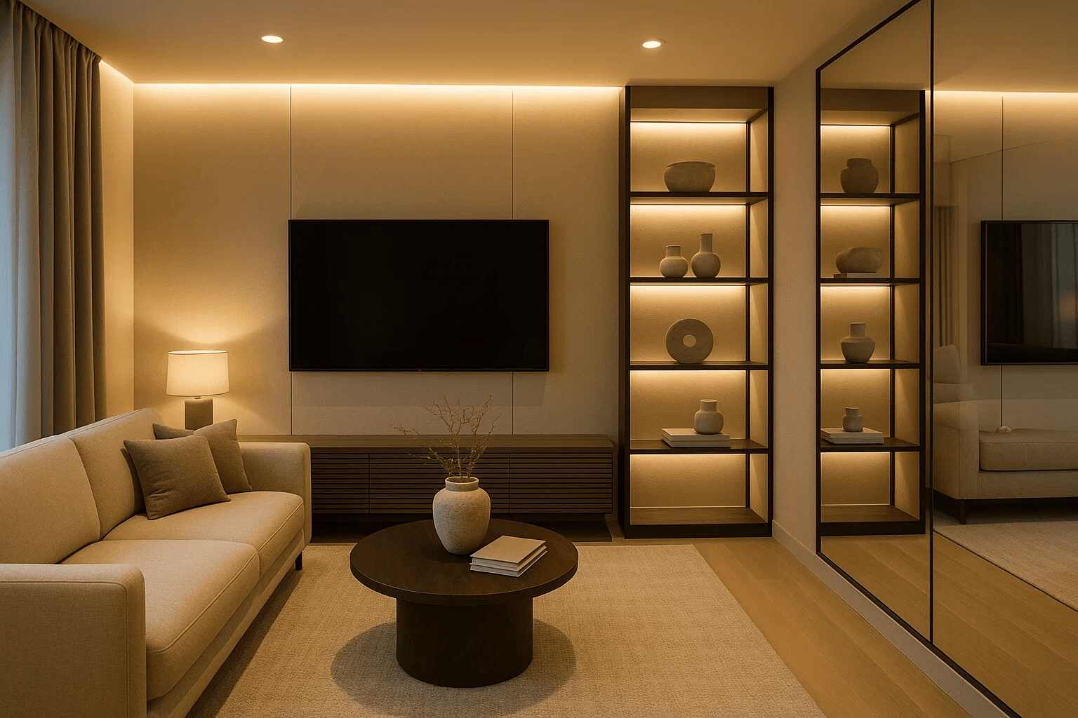 The design features a minimalist design in a modern living room with neutral beige tones, decorative vases, and a reflective mirror.