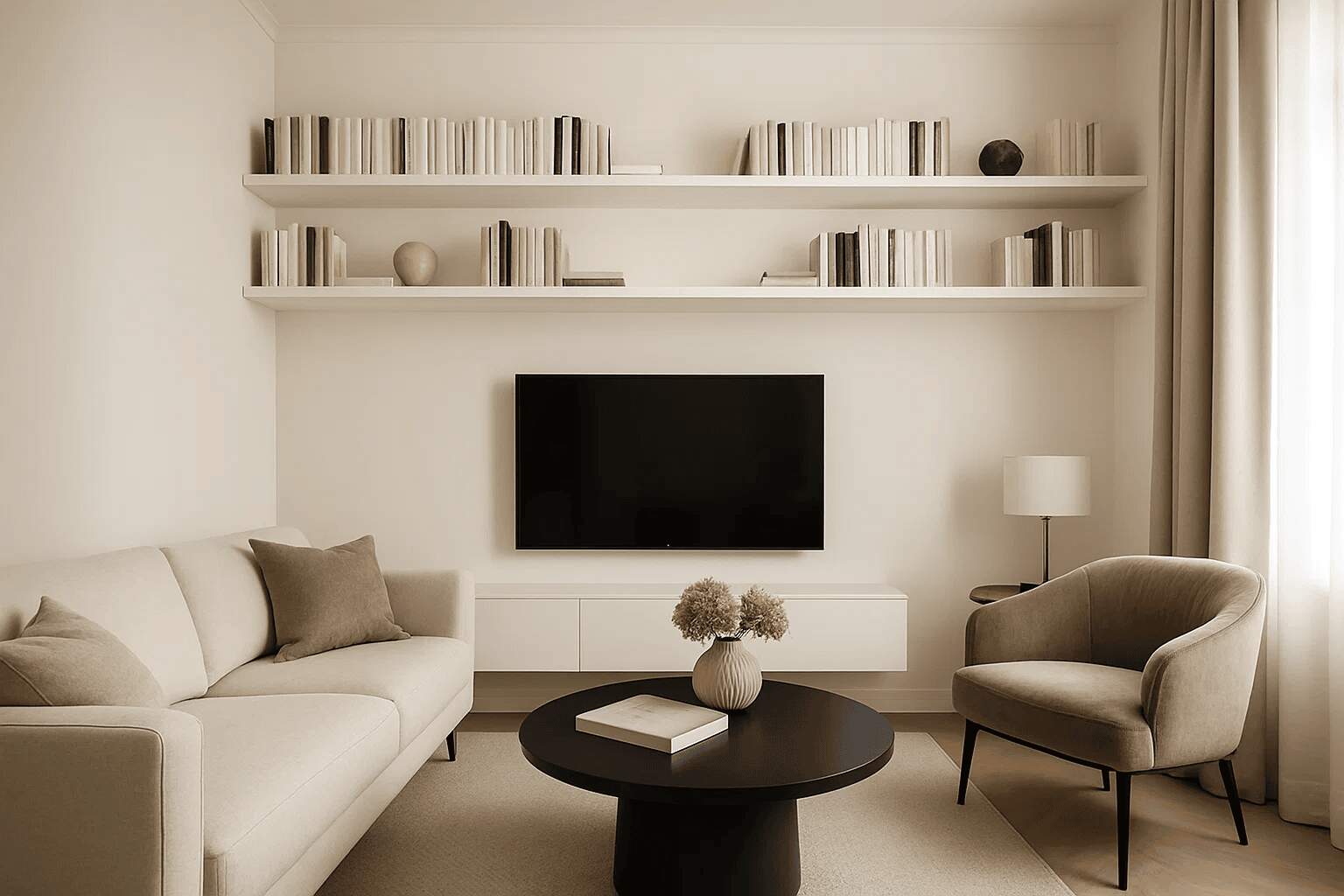 The design features a modern, minimalist living room with neutral beige tones, bookshelves, and a black coffee table.