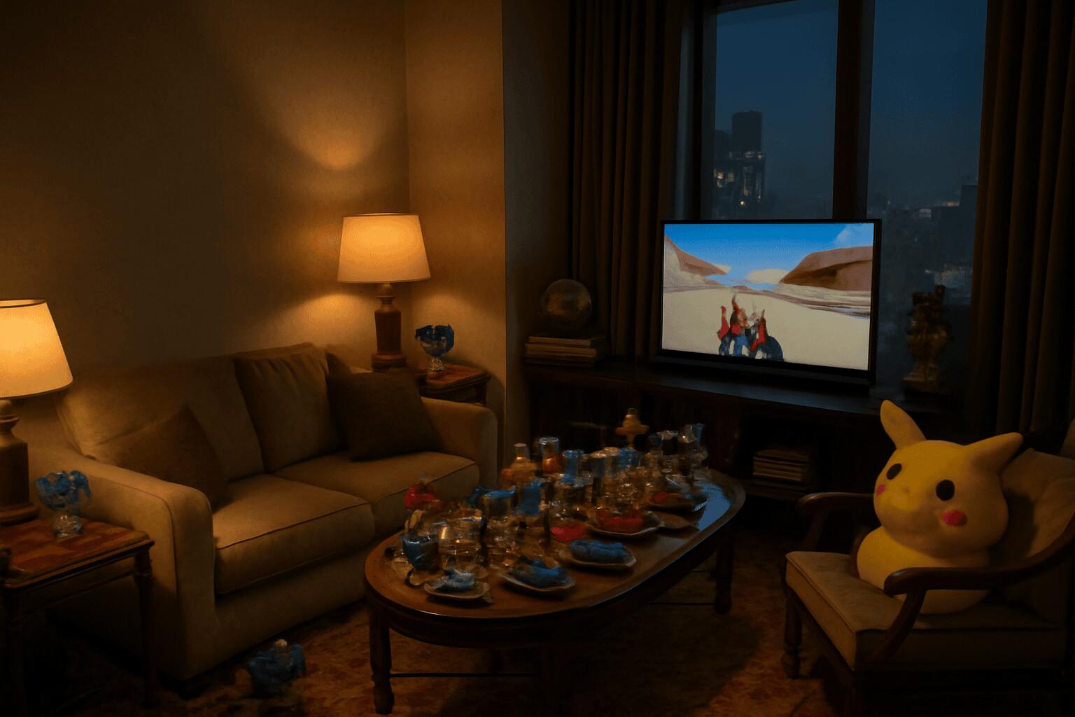 A cozy, chaotic living room with vintage design, warm tones, and a playful Pikachu plush.
