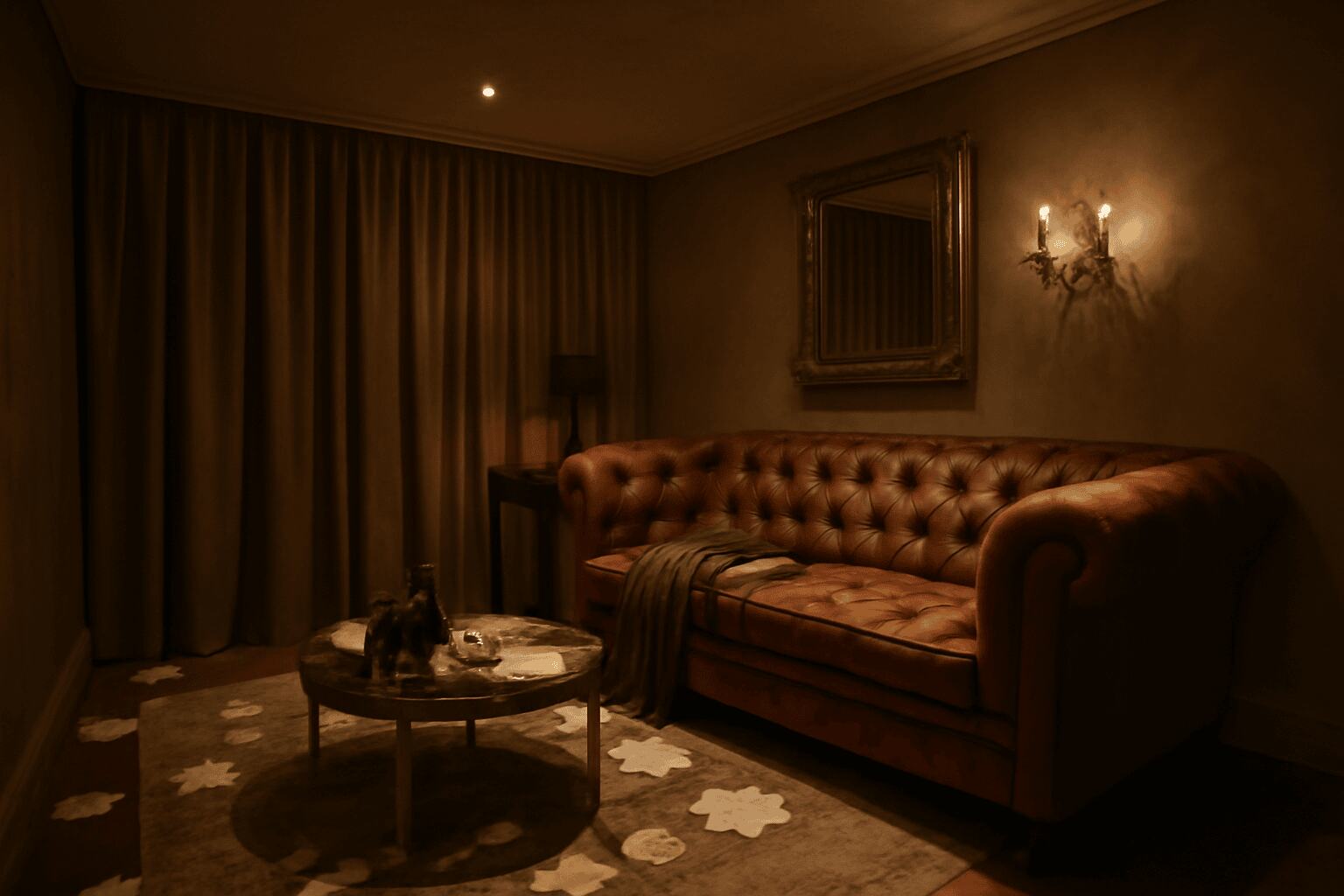 A cozy, dimly lit living room with a vintage leather sofa, marble table, and wall sconces.