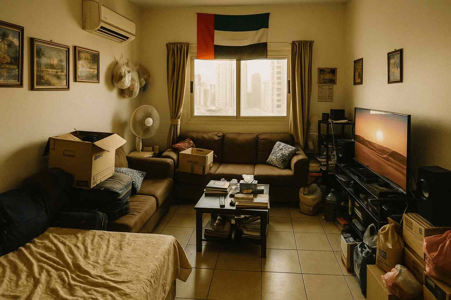 A cluttered living room with boxes, furniture, and a UAE flag, showing limited floor space.