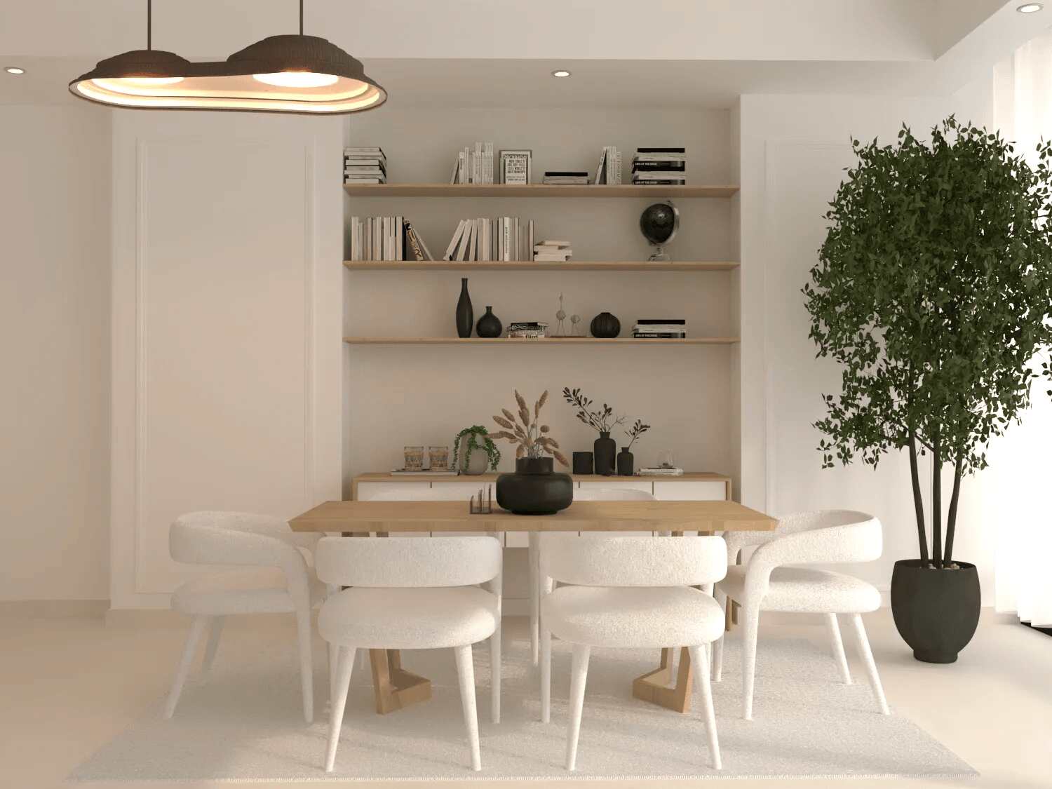 The minimalist dining room features white chairs, a wooden table, and a modern pendant light.