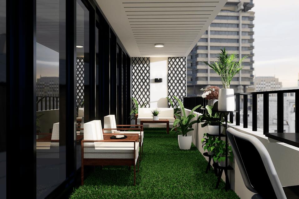 The image features a modern balcony design, using neutral tones like white and wooden accents. It includes green plants and outdoor furniture with highlighted wooden armchairs.