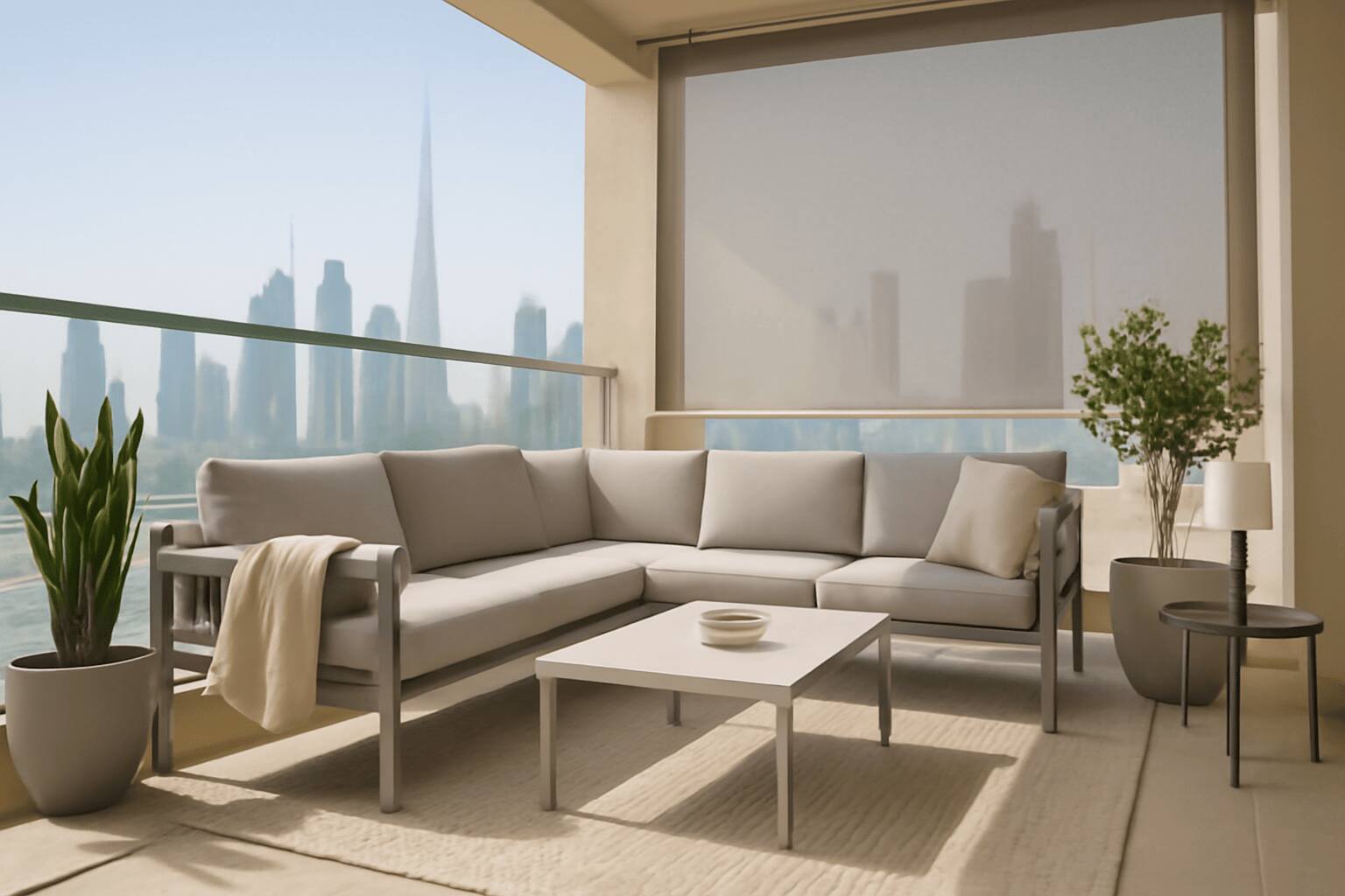 The image features a minimalist balcony design, with a modern sofa and plants. The neutral tones include beige, light grey, and natural wood accents, highlighted by the contemporary coffee table.