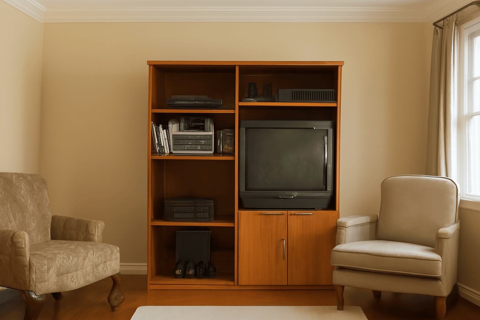 This traditional living room features wooden shelves, a CRT TV, and neutral beige tones.