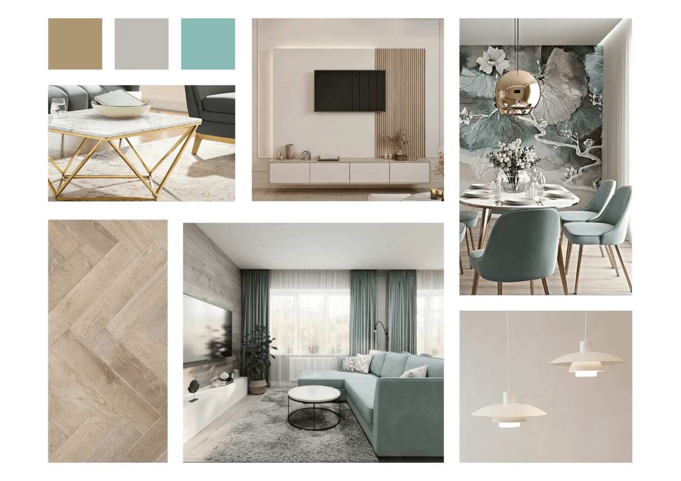 This luxury living room features soft teal accents, neutral tones, and a stylish coffee table, with a modern pendant light as the standout accessory.