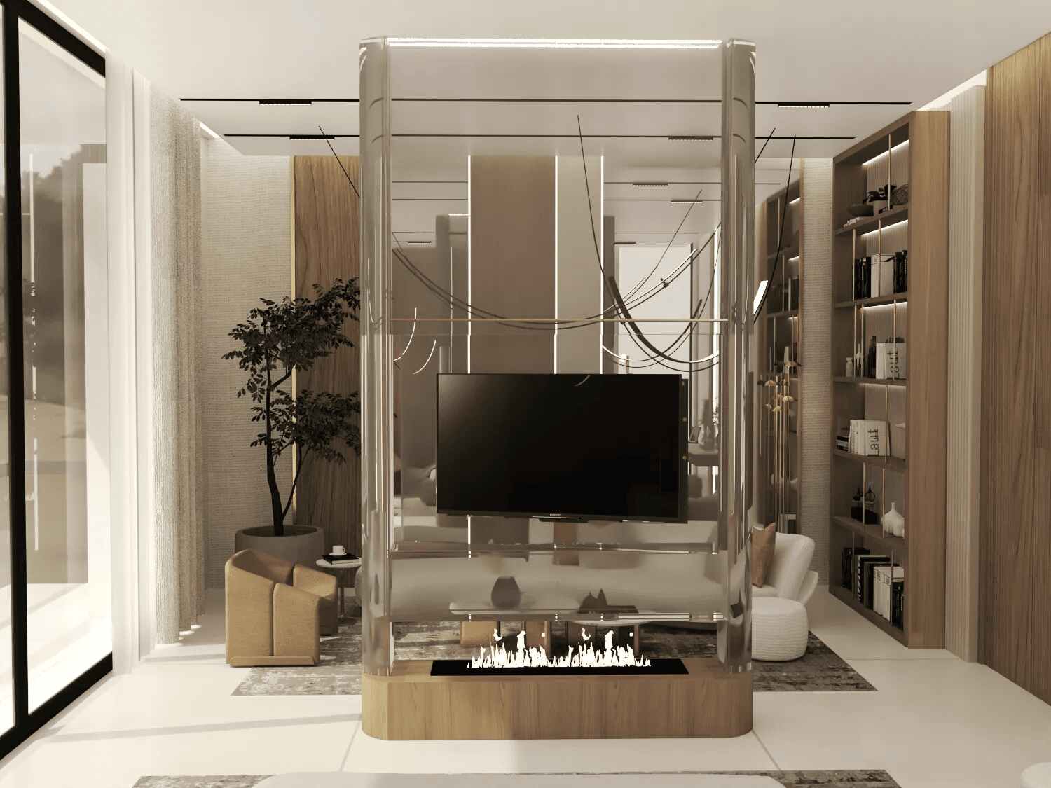 This modern living room design features a white TV unit, blue accents, and a glass coffee table with golden candle holders.