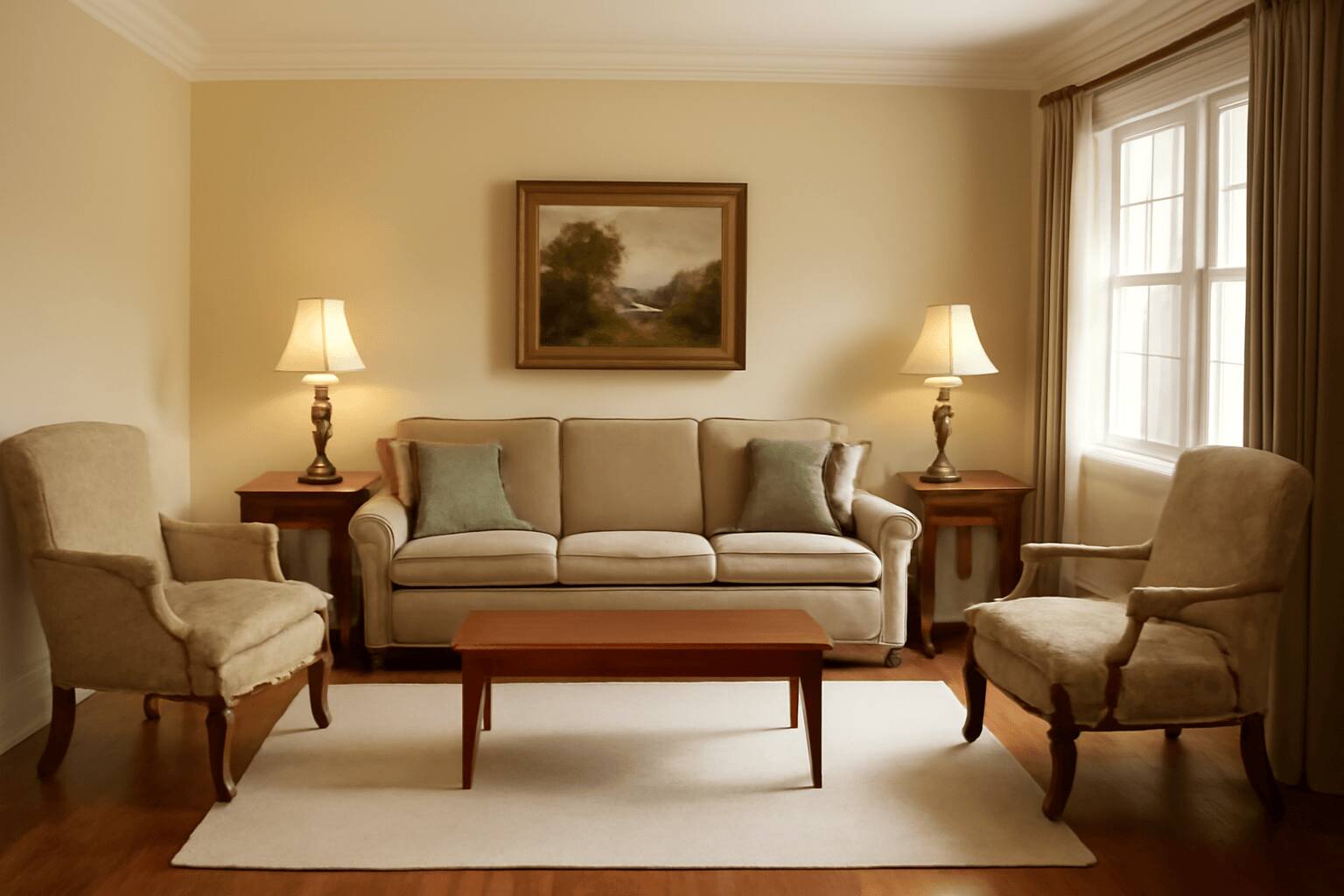 This is a traditional living room design with beige tones, featuring a wooden coffee table and classic artwork.