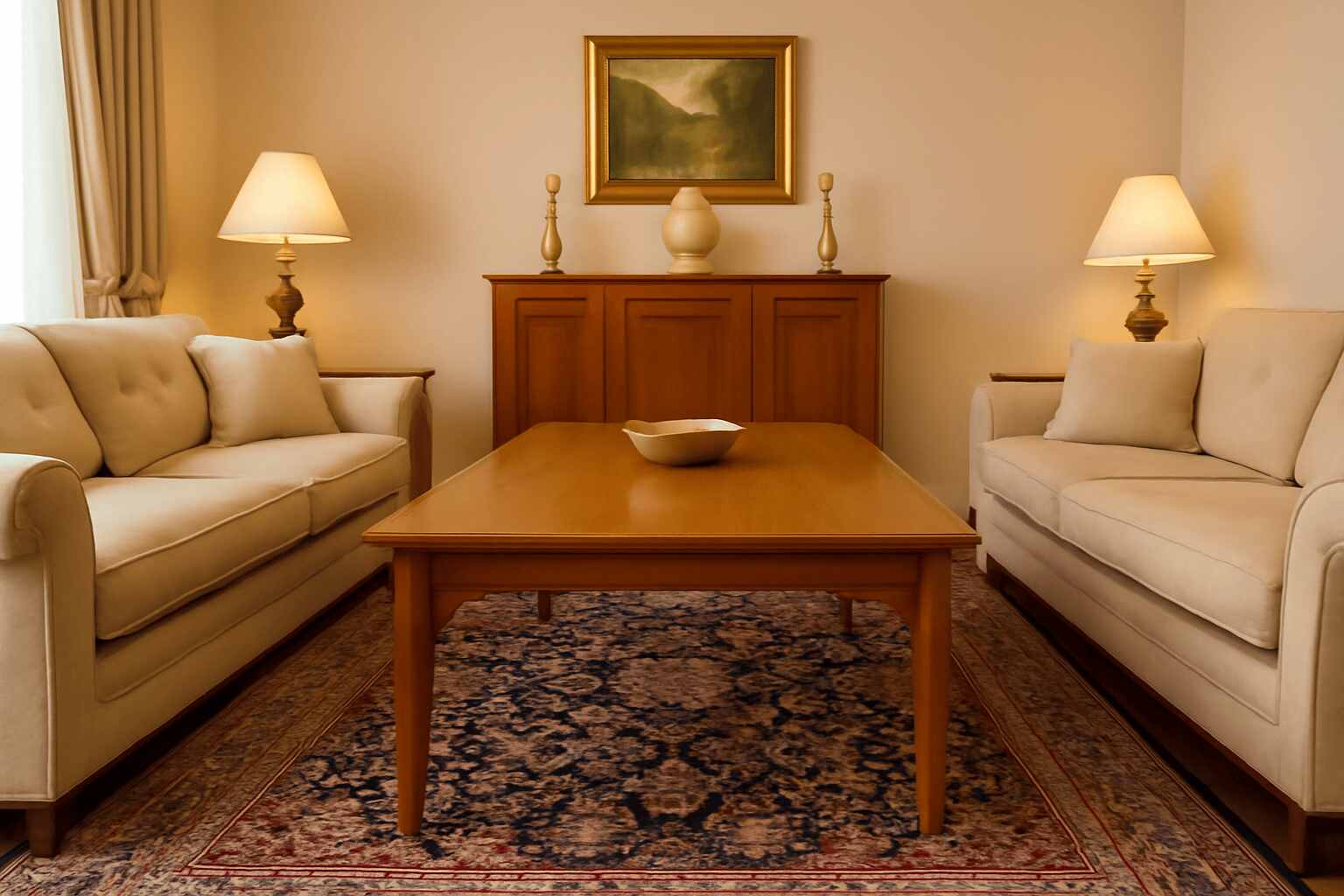 The traditional living room features teak furniture, beige sofas, elegant rug, brass lighting, and a painting.