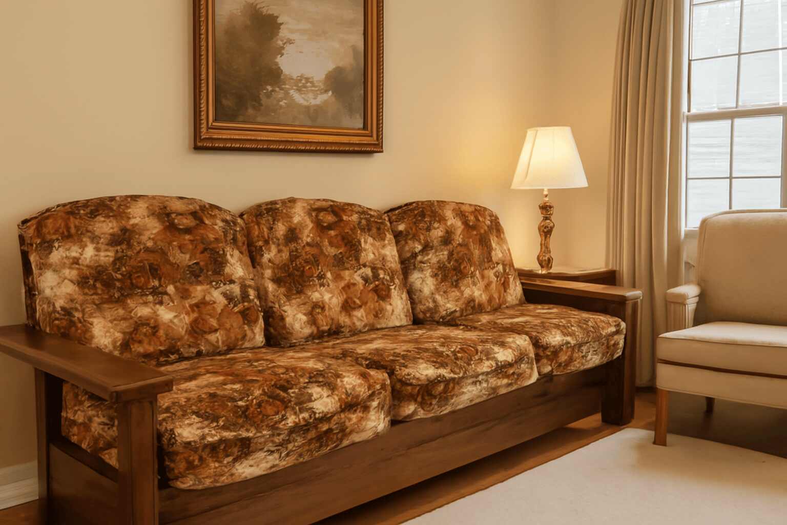 This traditional living room features a vintage floral sofa, wooden armrests, and earthy tones with a brass lamp.
Solution