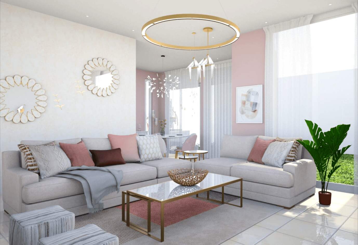 This modern living room features a neutral sectional sofa, gold accents, and pink wall details, with a unique chandelier as a standout accessory.
