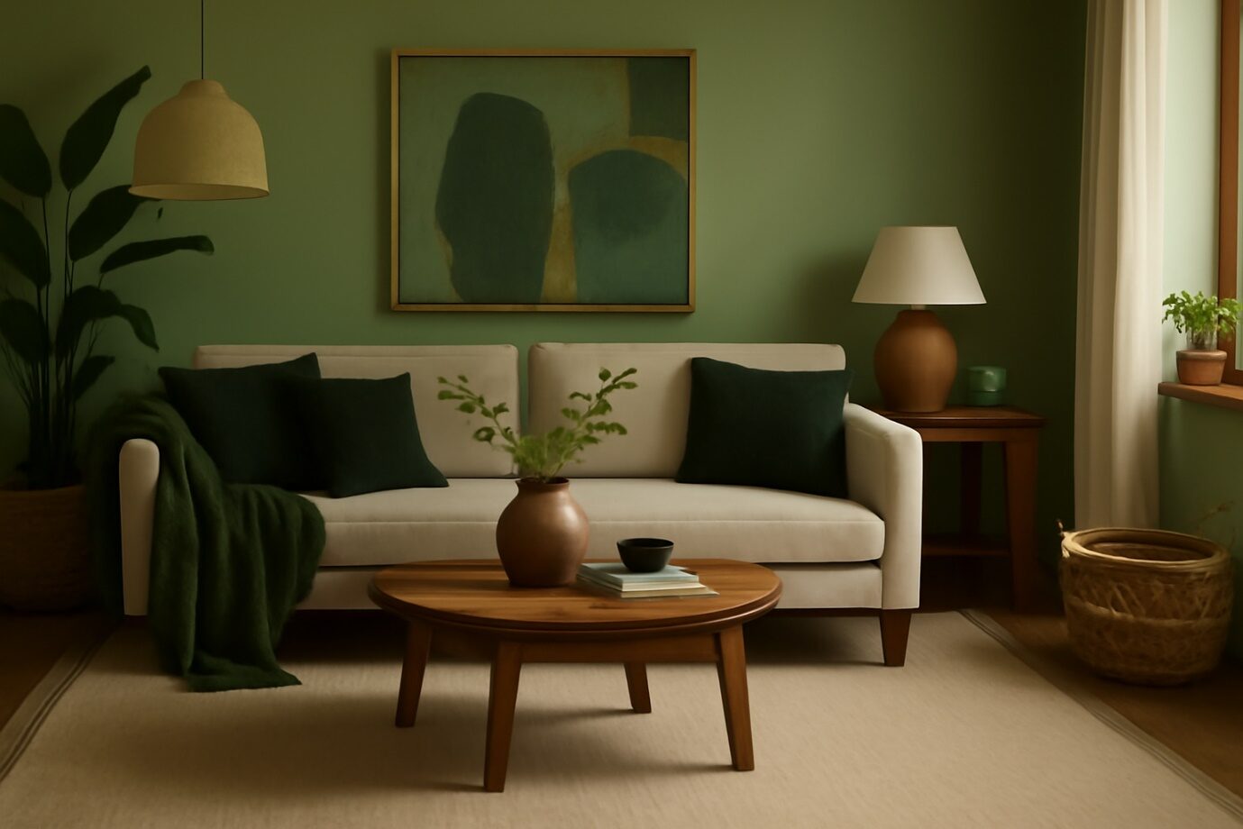 The design type is minimalist, featuring earthy tones in a living room with a beige sofa, dark green accents, wooden furniture, and soft lighting, highlighted by a large abstract painting above the couch.