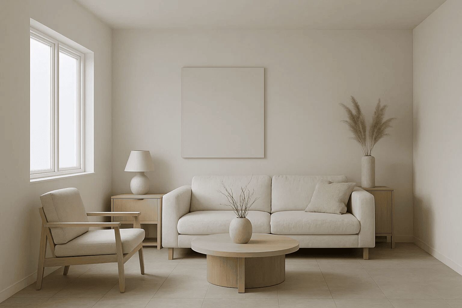 The design type is minimalist, featuring neutral tones in a living room with a beige sofa, light wood furniture, and soft beige walls, highlighted by simple beige vases and pampas grass.