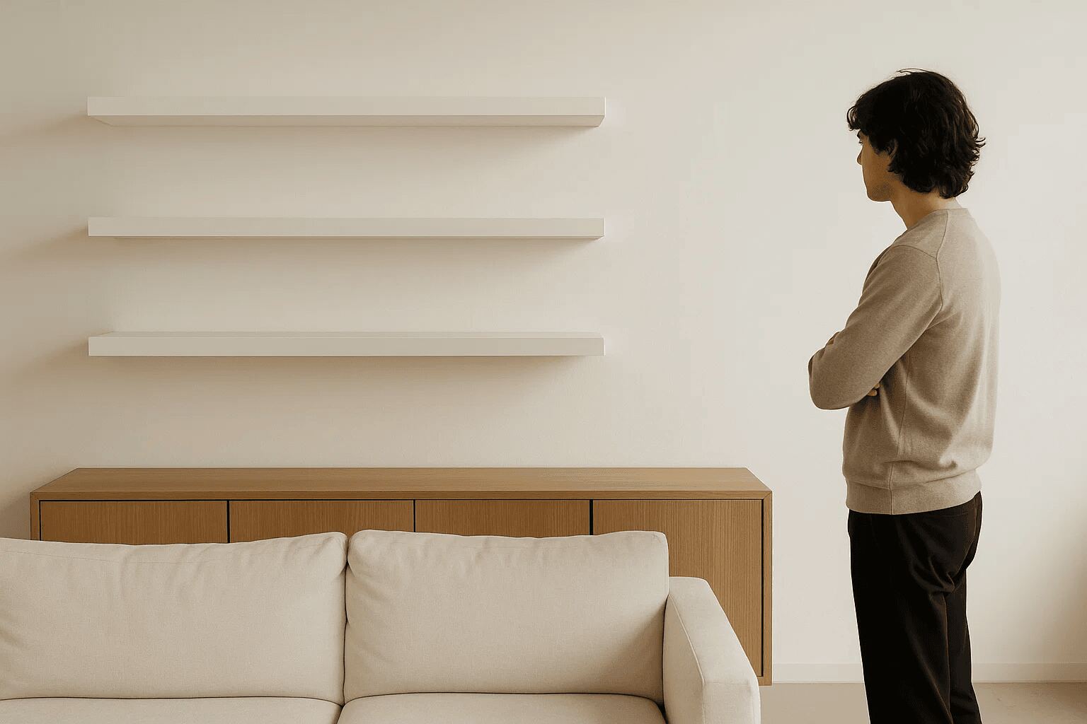  The design type is minimalist, featuring empty shelves in a living room with a beige sofa, white shelves, and light wood furniture, highlighting the simple, floating white shelves as the focal point.