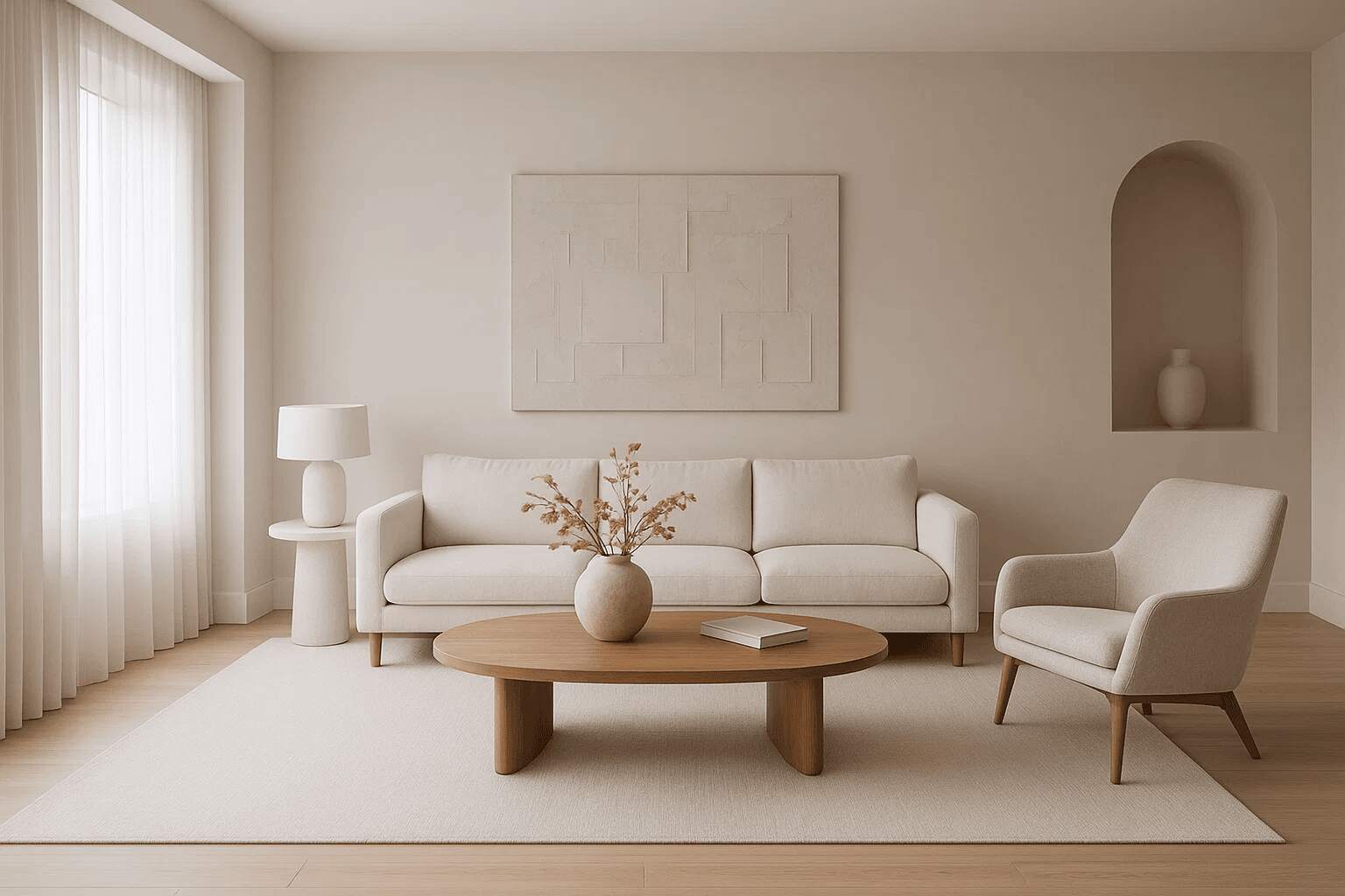 The design type is minimalist, featuring neutral tones in a living room with a beige sofa, light wood furniture, and soft beige walls, highlighted by a simple vase with dried flowers on the coffee table.