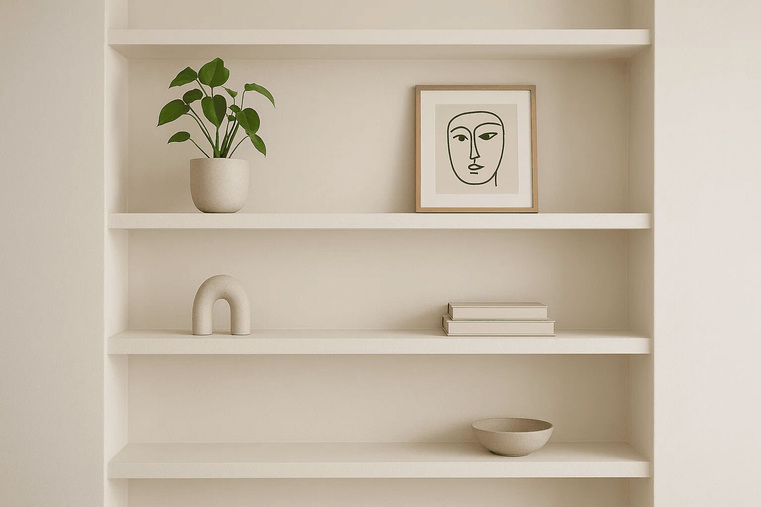 The design type is minimalist, featuring neutral tones in a living room with beige shelves, a simple potted plant, a framed line drawing, and a small bowl, highlighted by the clean, geometric accessories.