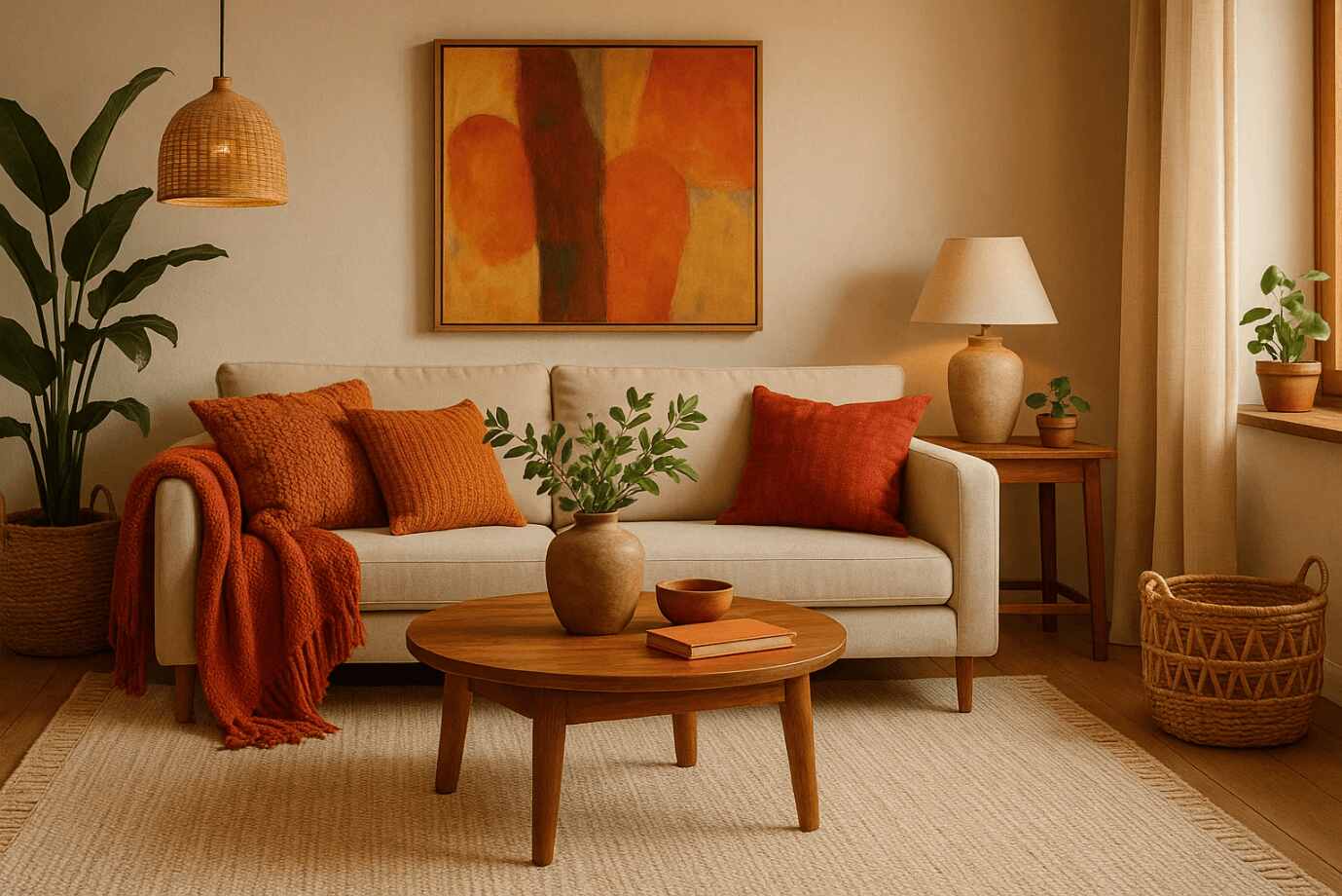 The design type is warm and cozy, featuring earthy tones in a living room with a beige sofa, orange accents, wooden furniture, and plants, highlighted by a vibrant abstract painting above the couch.