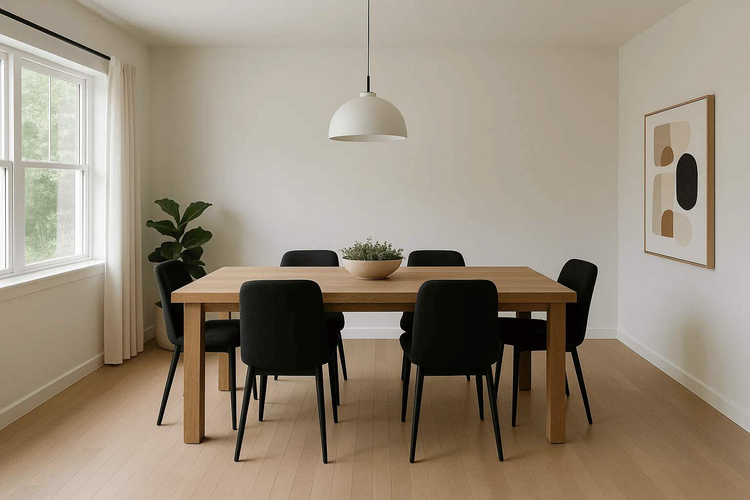The design is modern, with neutral tones, a wooden table, black chairs, and no rug, creating an unfinished feel.