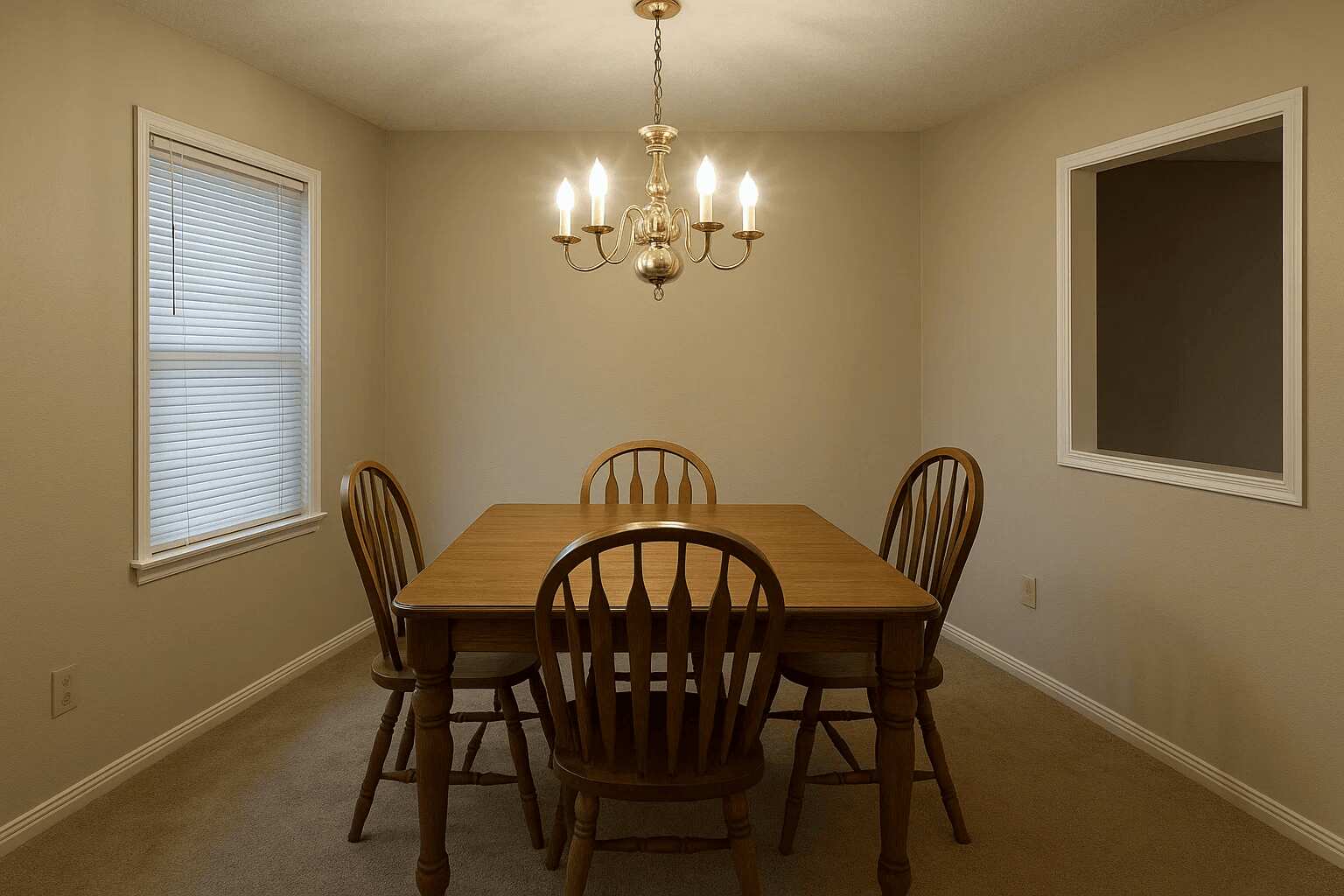 The design type is traditional, featuring a dining room with beige walls and wooden furniture. The highlighted design accessory is the outdated brass chandelier hanging above the table.