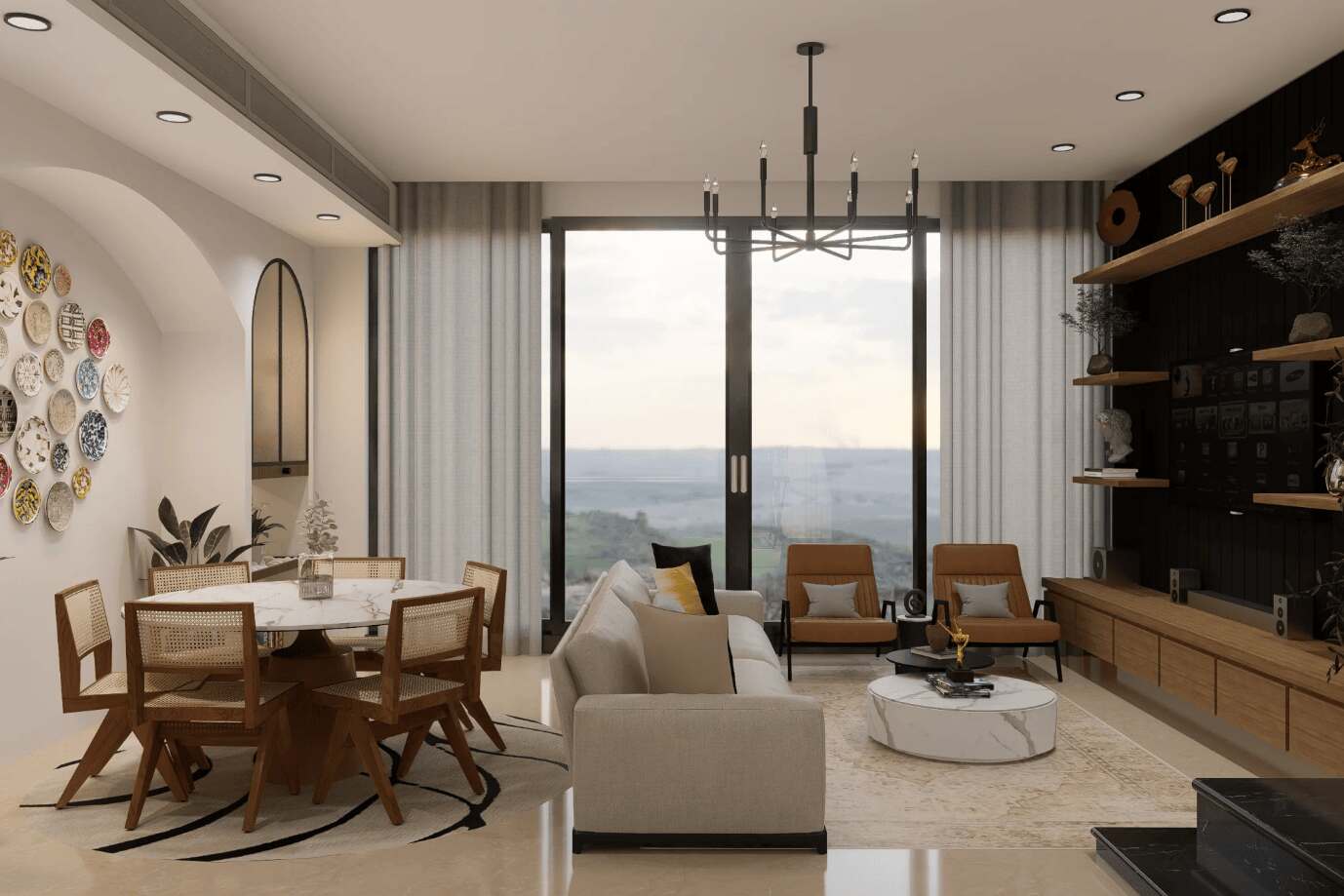 The modern design features a living room with a neutral color palette, where the rug under the dining table adds warmth, texture, and enhances the layout with its soft tones and geometric pattern.