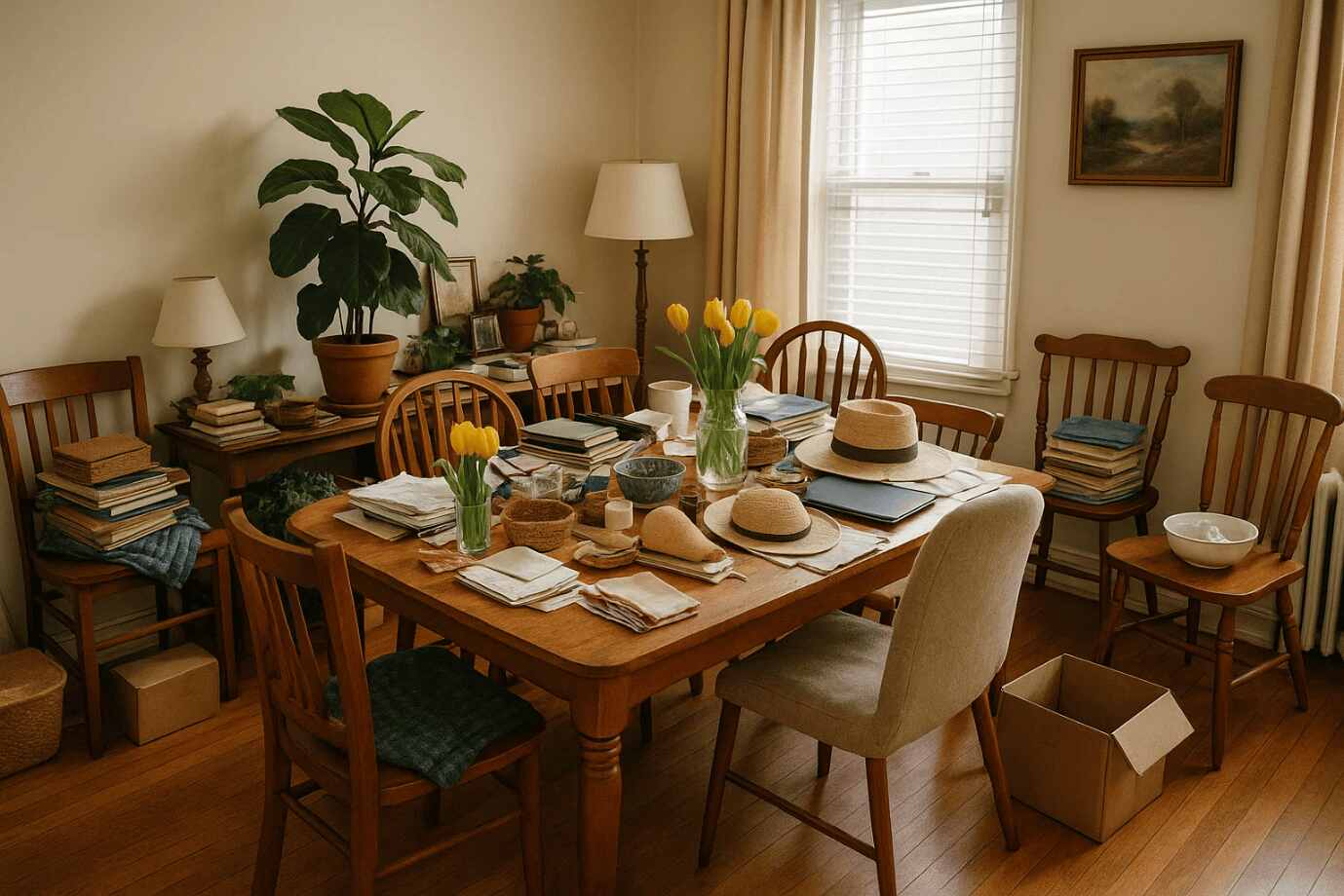The cluttered layout of this eclectic dining room creates a cramped feeling despite the cozy charm.