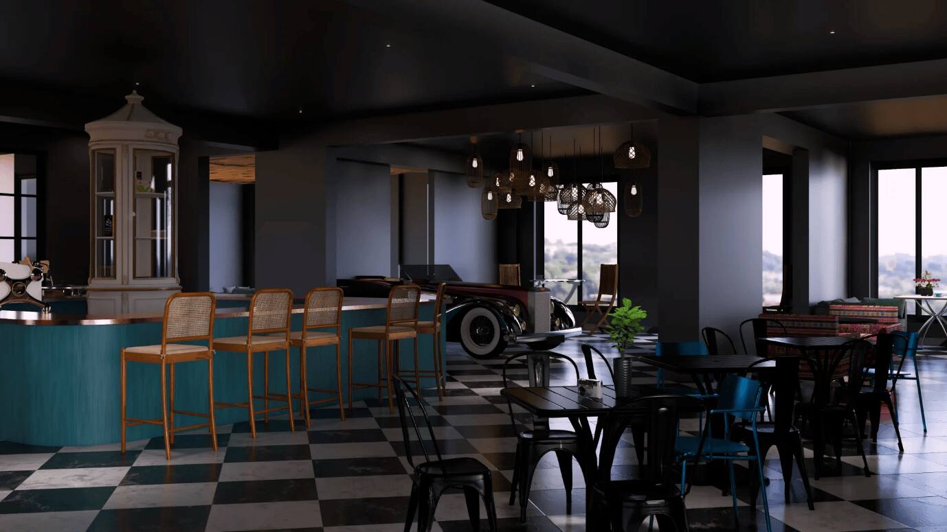 The design features a modern cafe with teal bar counter, wicker chairs, and industrial lighting.