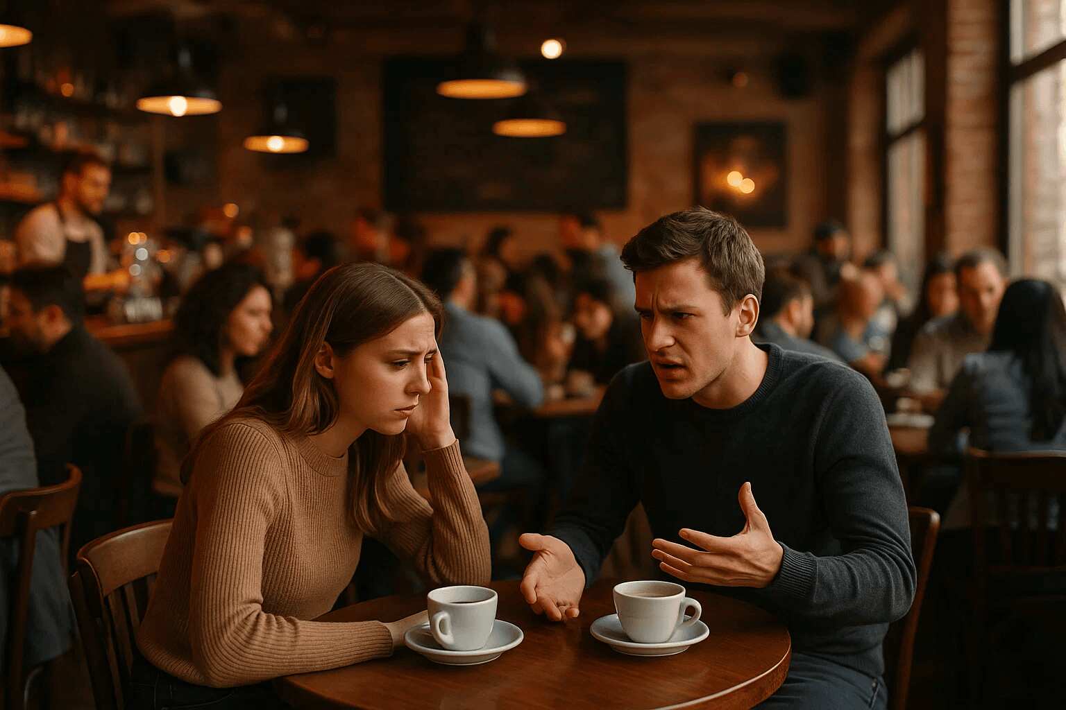 The image shows a couple frustrated by background noise in a crowded cafe, unable to focus.