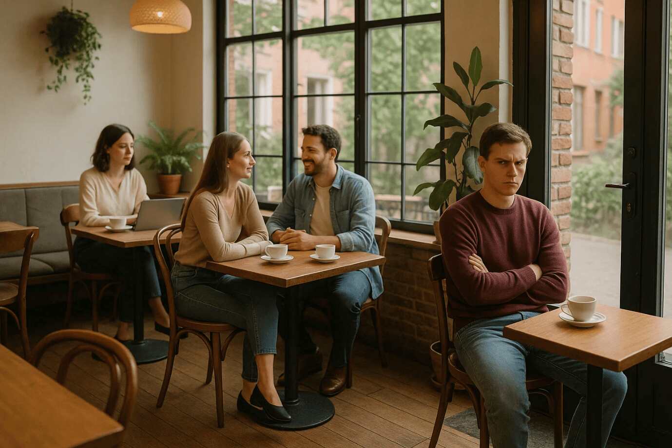 The image shows a frustrated customer in a cafe, likely due to unfair seating allocation.