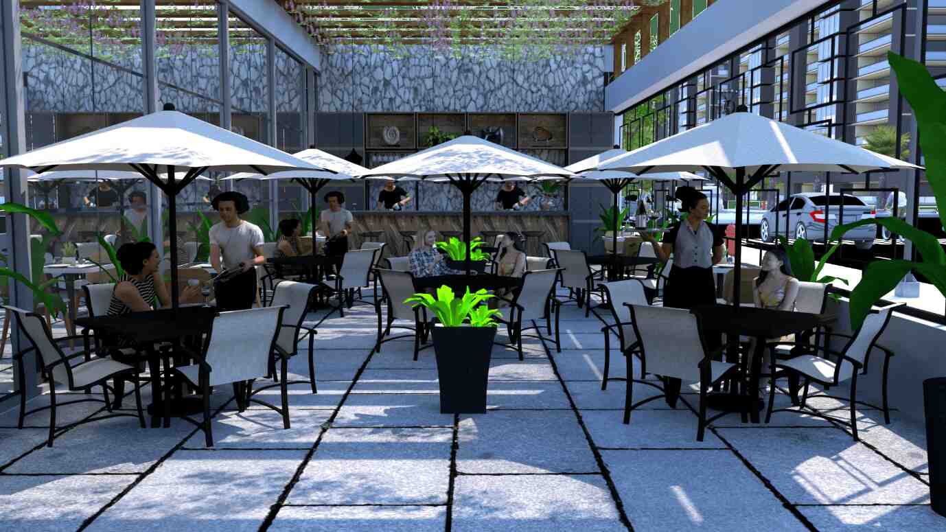 The design features modern outdoor seating, neutral tones, plants, and large umbrellas as the highlight.