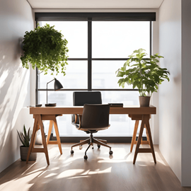 A modern home office with large windows, natural light, desk lamp, and plants enhancing productivity.