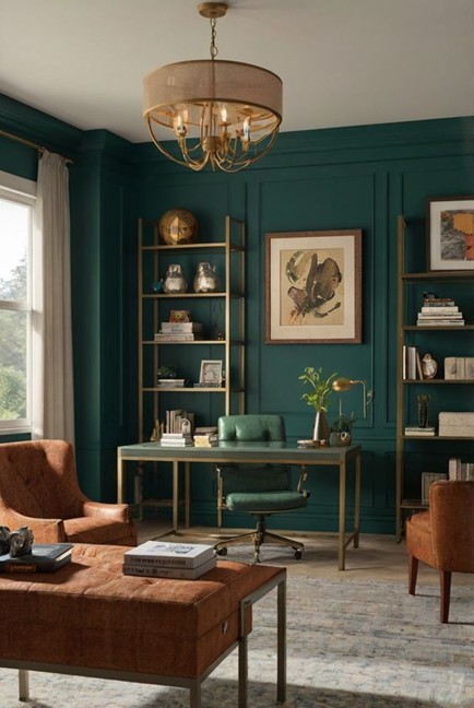 This home office features elegant furniture, including a green chair, wooden desk, and gold-accented shelving.