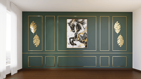 This design features a green wall with gold accents, personalized with a horse painting and leaf artwork.