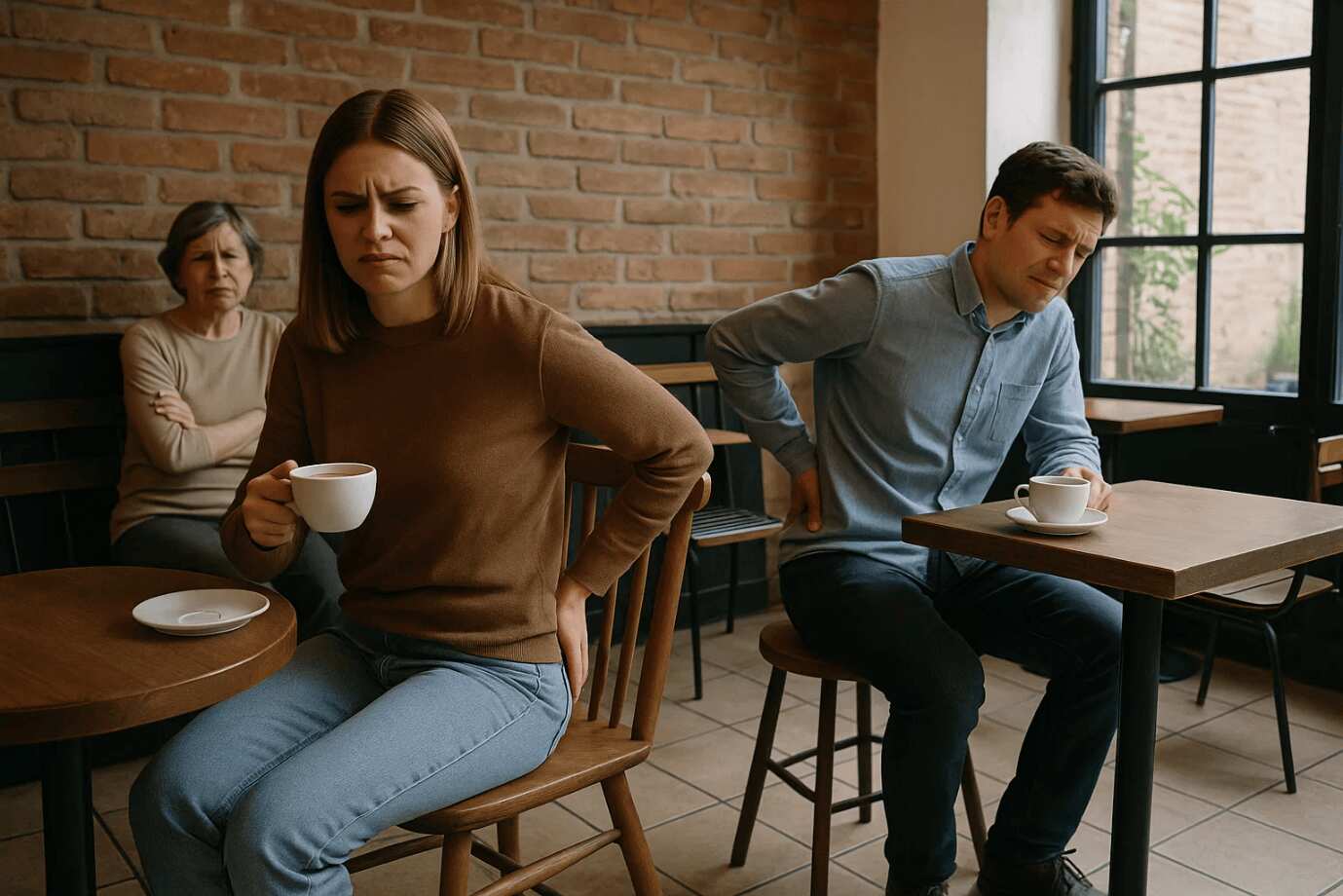 The image shows people visibly uncomfortable in a cafe, likely due to uncomfortable furniture.