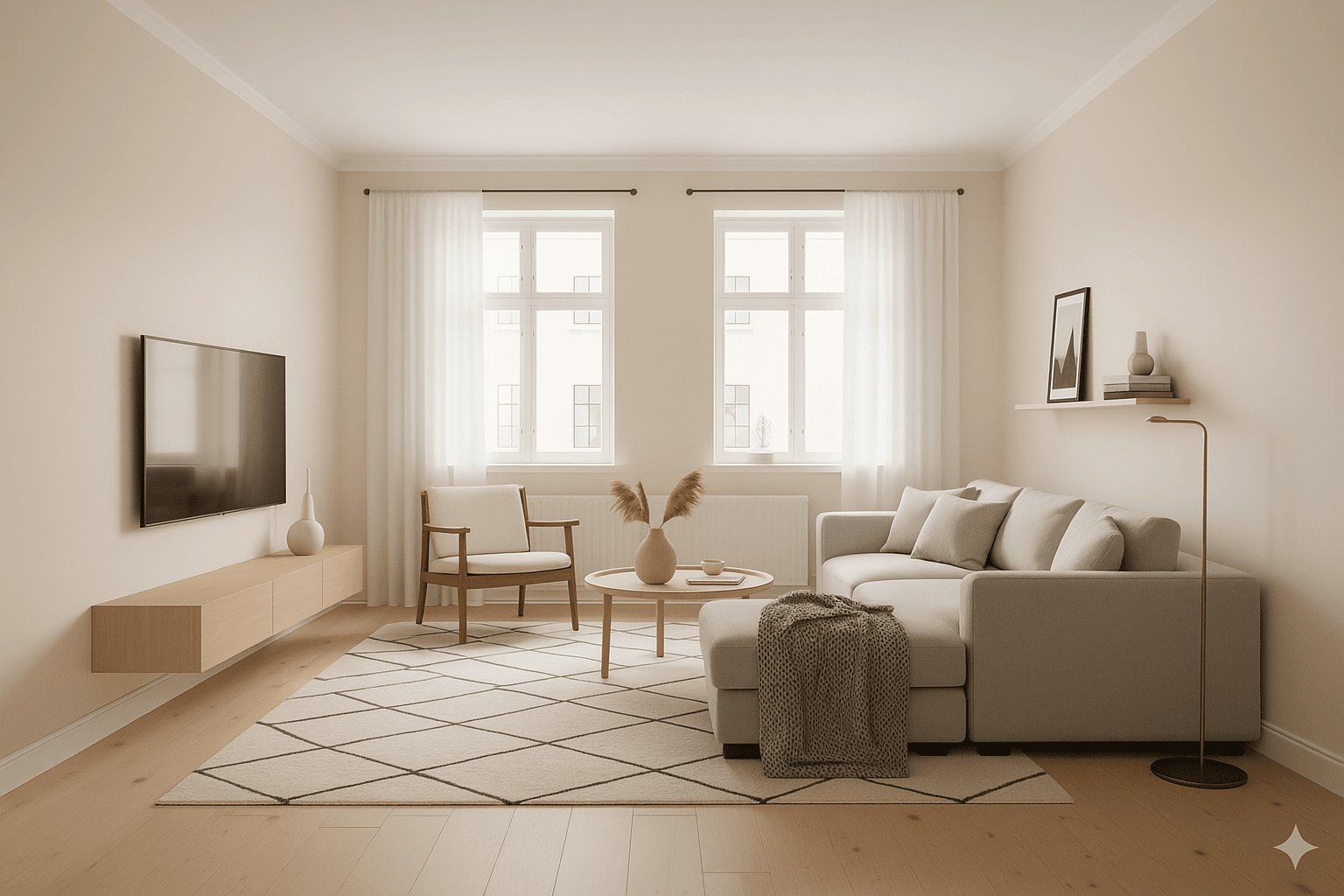 Scandinavian style living room idea featuring minimalist furniture, neutral tones, and soft natural light.