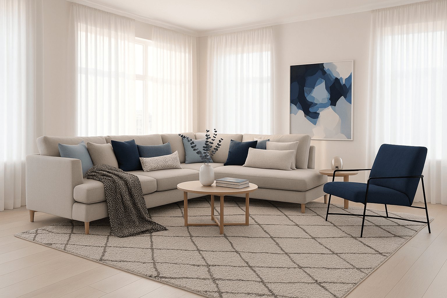 bright, Scandinavian living room idea featuring a gray sofa