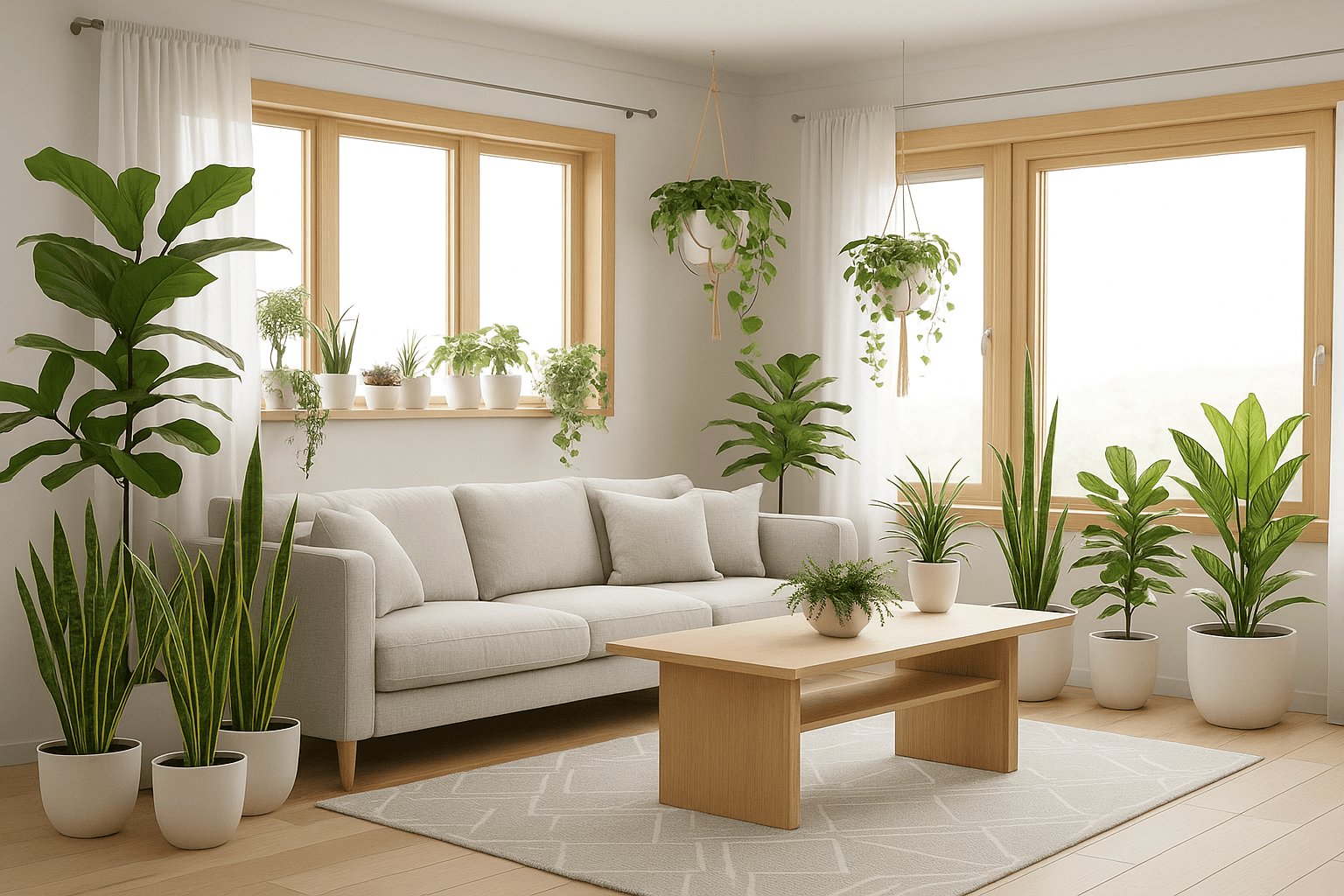 bright, Scandinavian living room filled with lush green plants