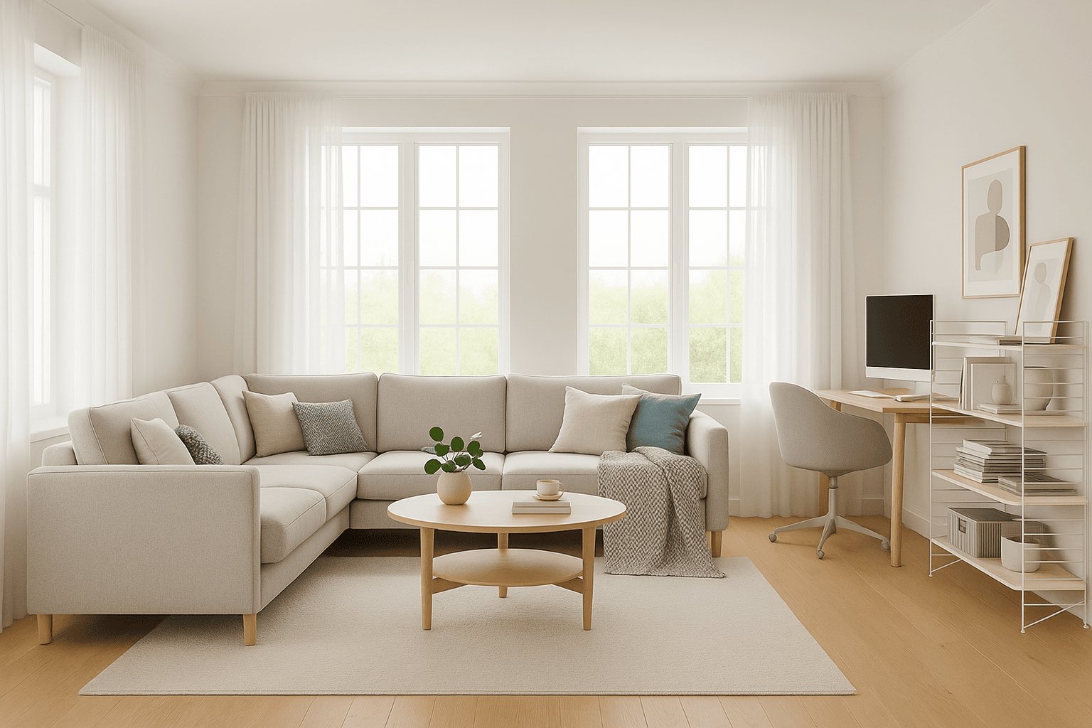 bright, Scandinavian living room idea, Gray sofa