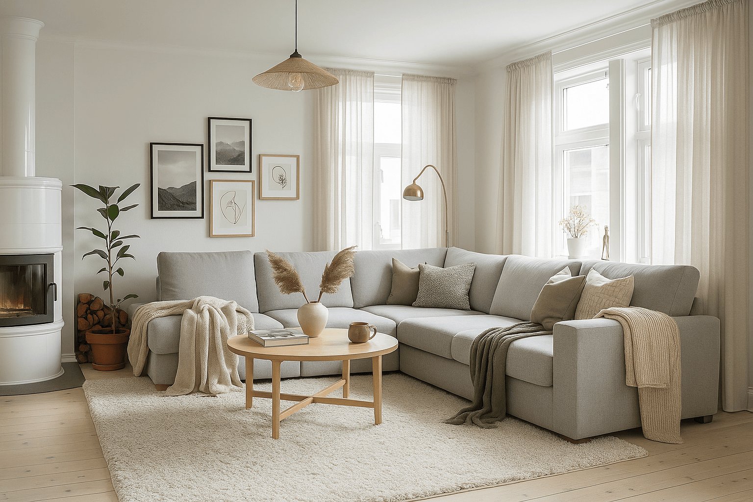 cozy Scandinavian living room idea featuring soft neutral tones