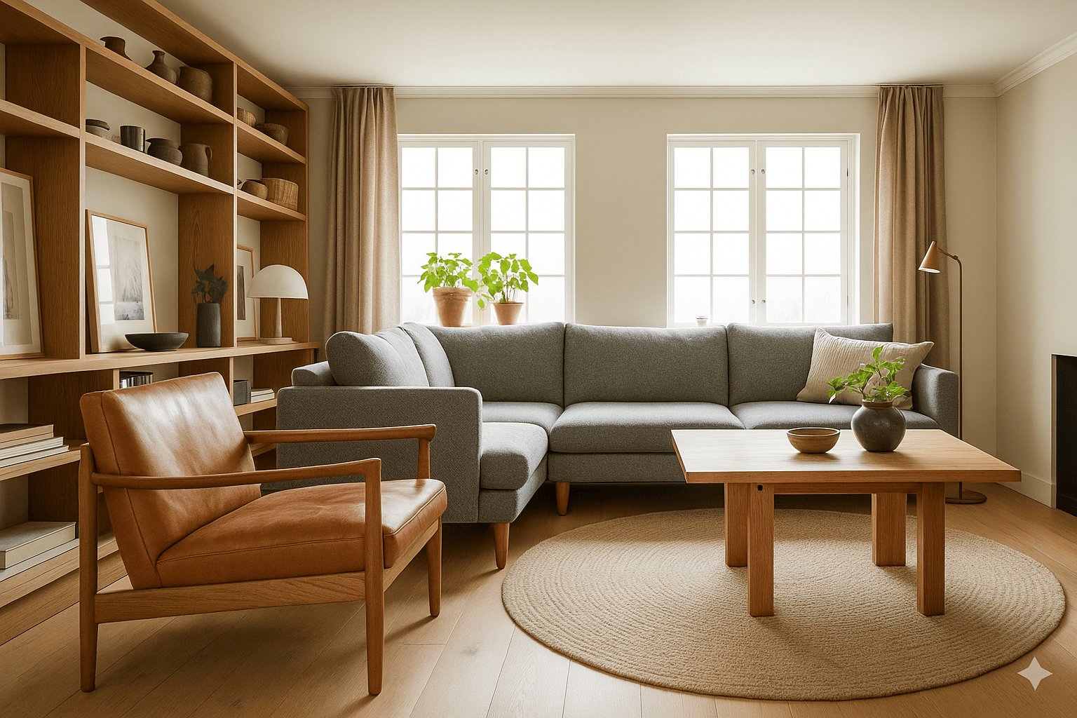 cozy Scandinavian living room idea with wooden furniture