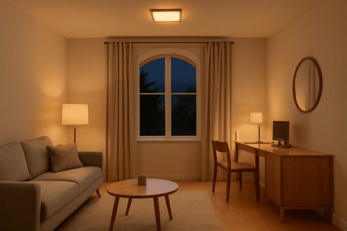 A cozy living room with warm lighting, soft neutral tones smart home design