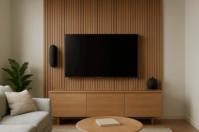 A modern living room with a TV and speakers mounted in smart home design.