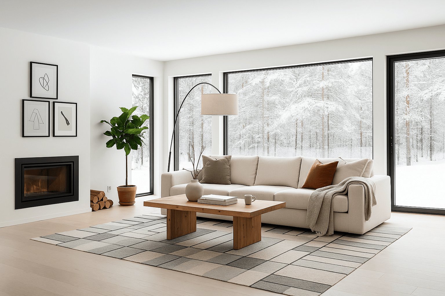modern Scandinavian living room idea, large windows