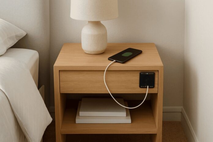 A modern bedroom with a minimalist nightstand smart home design