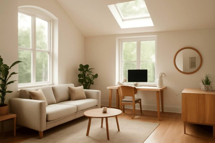 A modern, light-filled smart home design with a desk, plants, and a skylight overhead.