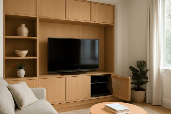 A smart home design with a concealed entertainment center.